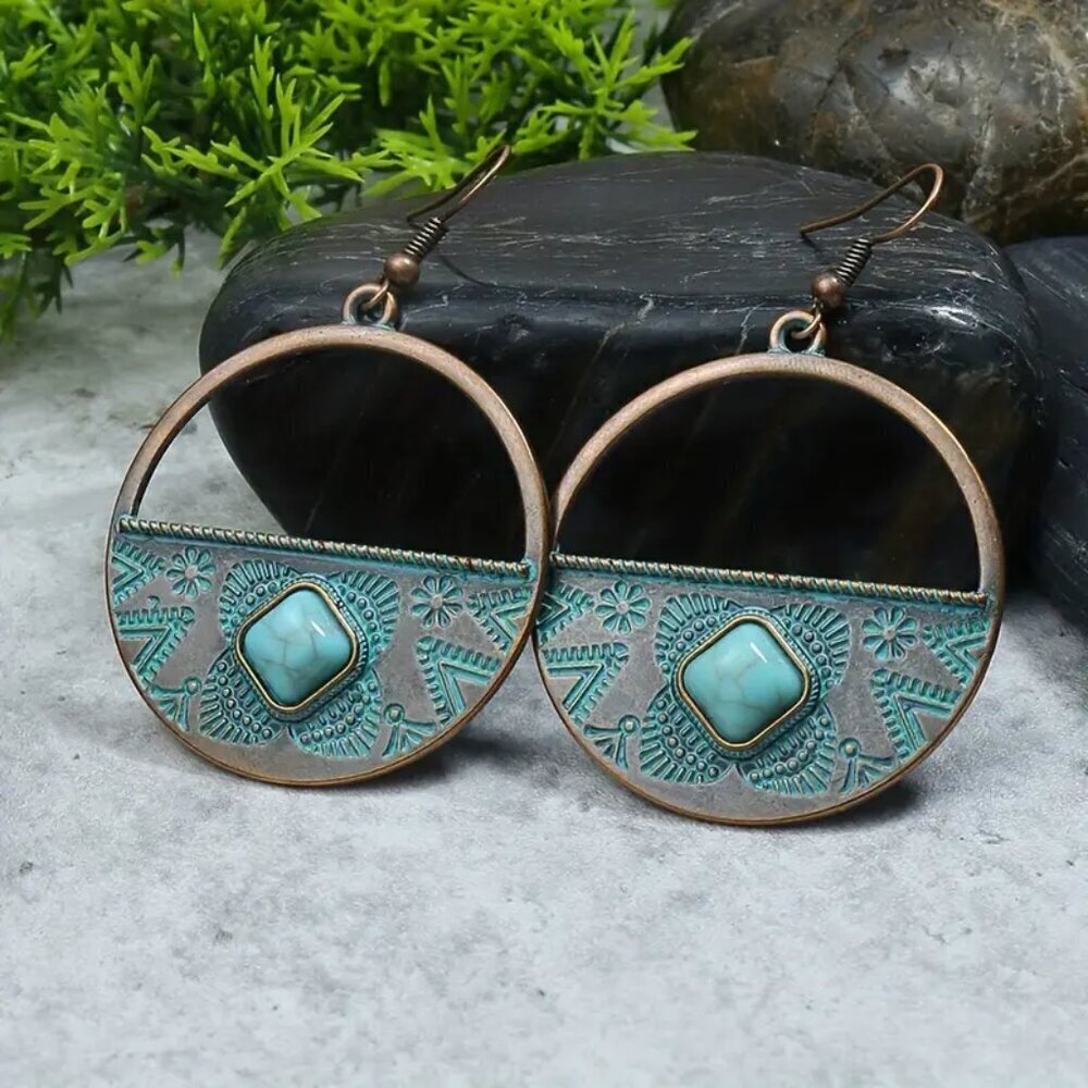 NEW pair BOHO Hoop turquoise earrings, dangle earrings trendy vintage jewelry